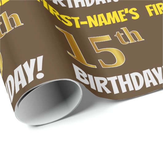 Brown, Faux/Imitation Gold, 15th BIRTHDAY Cadeaupapier (Rol Hoek)