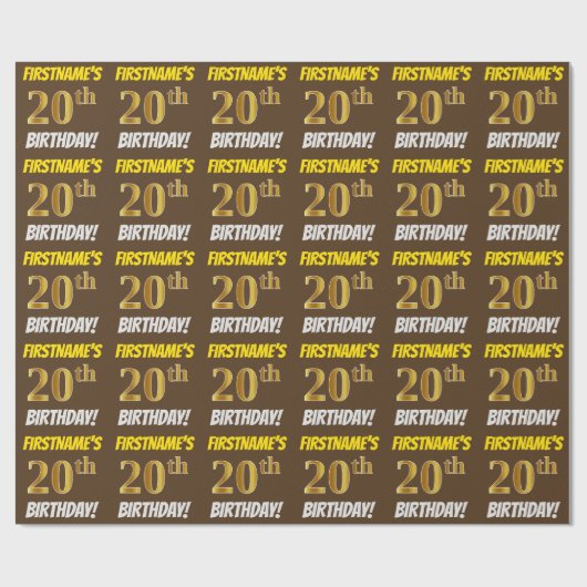 Brown, Faux/Imitation Gold, "20th BIRTHDAY" Cadeaupapier (Vlak)