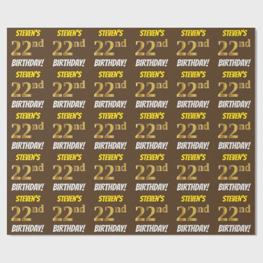 Brown, Faux/Imitation Gold, "22nd BIRTHDAY" Cadeaupapier (Vlak)