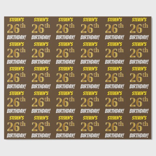 Brown, Faux/Imitation Gold, "26th BIRTHDAY" Cadeaupapier (Vlak)