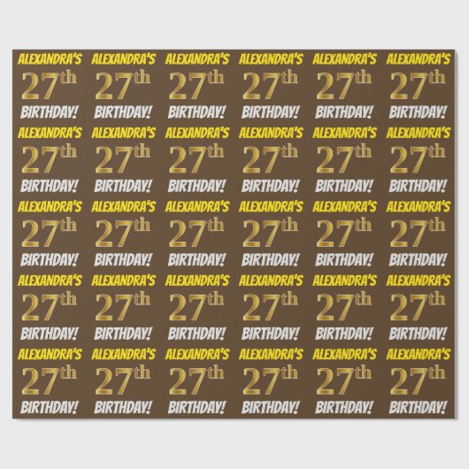 Brown, Faux/Imitation Gold, "27th BIRTHDAY" Cadeaupapier (Vlak)