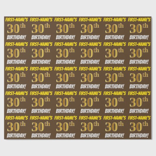 Brown, Faux/Imitation Gold, "30th BIRTHDAY" Cadeaupapier (Vlak)