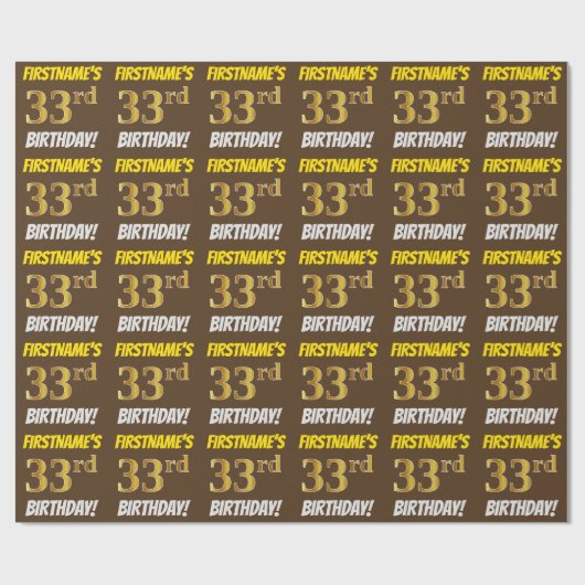 Brown, Faux/Imitation Gold, "33rd BIRTHDAY" Cadeaupapier (Vlak)
