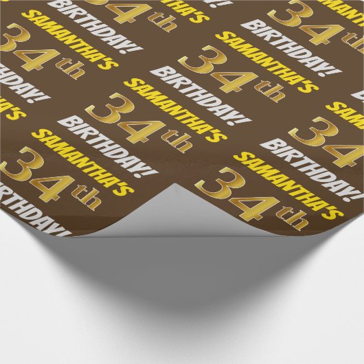 Brown, Faux/Imitation Gold, 34th BIRTHDAY Cadeaupapier (Hoek)