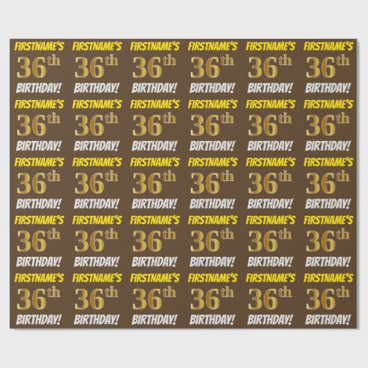 Brown, Faux/Imitation Gold, "36th BIRTHDAY" Cadeaupapier (Vlak)