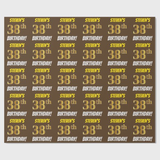 Brown, Faux/Imitation Gold, "38th BIRTHDAY" Cadeaupapier (Vlak)