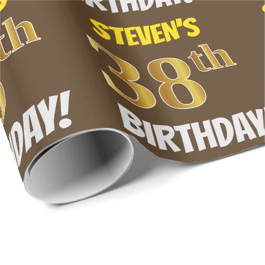 Brown, Faux/Imitation Gold, "38th BIRTHDAY" Cadeaupapier (Rol Hoek)