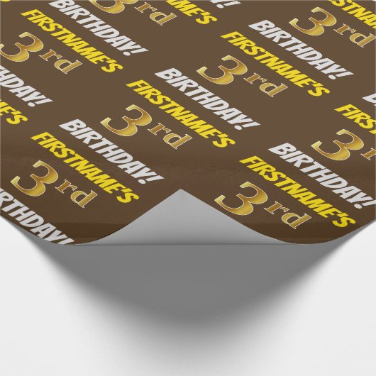 Brown, Faux/Imitation Gold, "3rd BIRTHDAY" Cadeaupapier (Hoek)