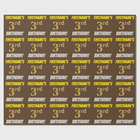 Brown, Faux/Imitation Gold, "3rd BIRTHDAY" Cadeaupapier (Vlak)