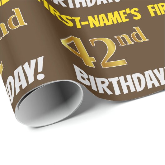 Brown, Faux/Imitation Gold, "42nd BIRTHDAY" Cadeaupapier (Rol Hoek)