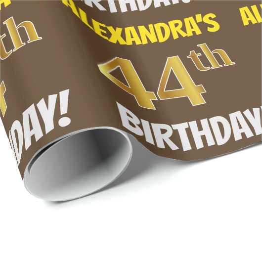 Brown, Faux/Imitation Gold, "44th BIRTHDAY" Cadeaupapier (Rol Hoek)