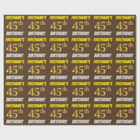 Brown, Faux/Imitation Gold, "45th BIRTHDAY" Cadeaupapier (Vlak)