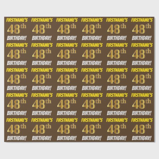 Brown, Faux/Imitation Gold, "48th BIRTHDAY" Cadeaupapier (Vlak)
