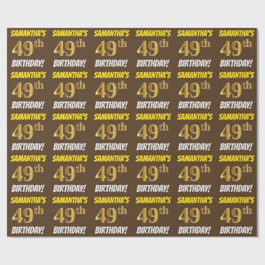 Brown, Faux/Imitation Gold, "49th BIRTHDAY" Cadeaupapier (Vlak)