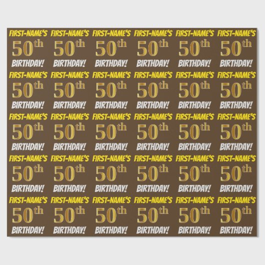 Brown, Faux/Imitation Gold, "50th BIRTHDAY" Cadeaupapier (Vlak)
