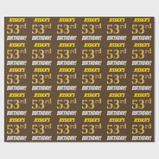 Brown, Faux/Imitation Gold, "53rd BIRTHDAY" Cadeaupapier (Vlak)