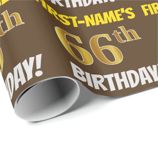 Brown, Faux/Imitation Gold, "66th BIRTHDAY" Cadeaupapier (Rol Hoek)