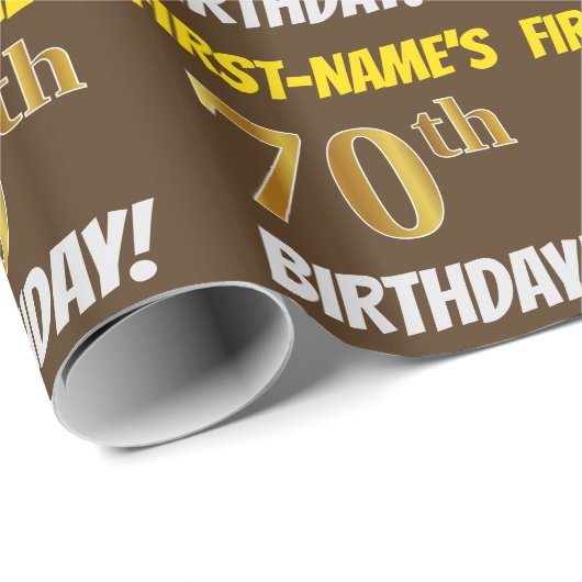 Brown, Faux/Imitation Gold, "70th BIRTHDAY" Cadeaupapier (Rol Hoek)