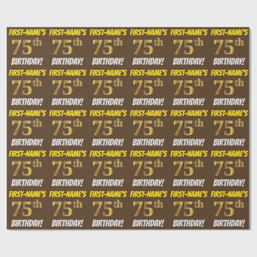 Brown, Faux/Imitation Gold, "75th BIRTHDAY" Cadeaupapier (Vlak)