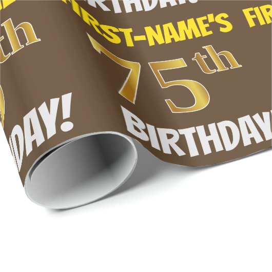 Brown, Faux/Imitation Gold, "75th BIRTHDAY" Cadeaupapier (Rol Hoek)