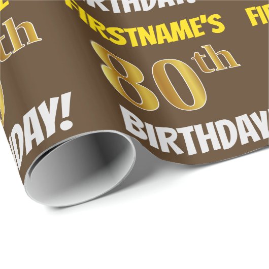 Brown, Faux/Imitation Gold, "80th BIRTHDAY" Cadeaupapier (Rol Hoek)