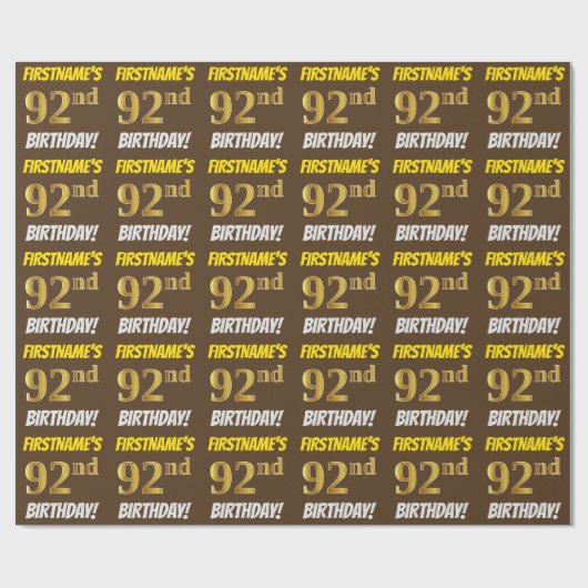 Brown, Faux/Imitation Gold, "92nd BIRTHDAY" Cadeaupapier (Vlak)