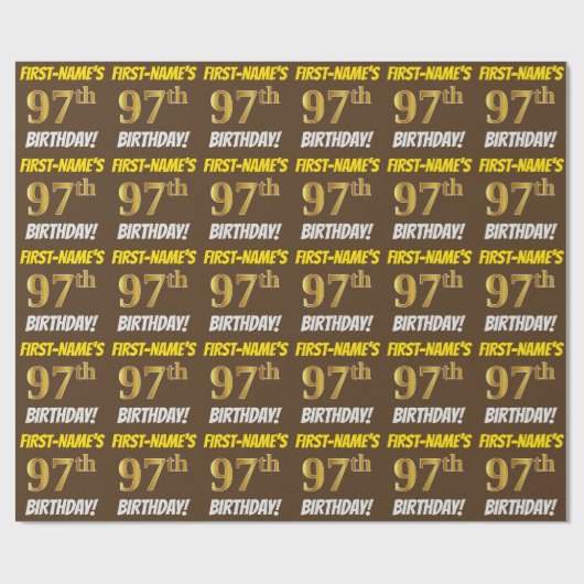Brown, Faux/Imitation Gold, "97th BIRTHDAY" Cadeaupapier (Vlak)
