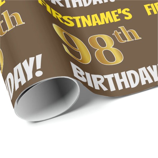 Brown, Faux/Imitation Gold, "98th BIRTHDAY" Cadeaupapier (Rol Hoek)