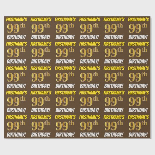 Brown, Faux/Imitation Gold, "99th BIRTHDAY" Cadeaupapier (Vlak)
