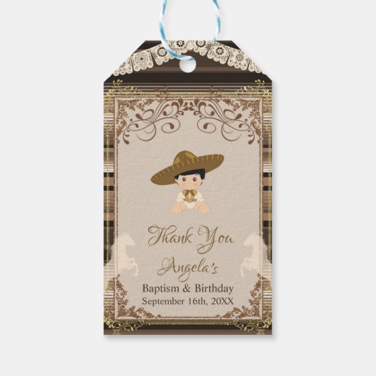 Brown Fiesta Doop Eerste Verjaardag Dank u Label Cadeaulabel (Achterkant)