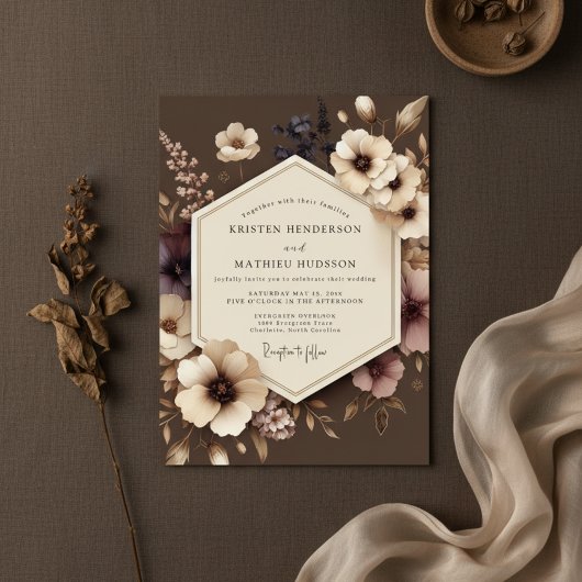 Brown Floral Nocturne Wedding Kaart