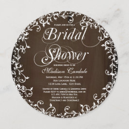 Brown Floral Swirls Round Bridal Shower Invitation Kaart