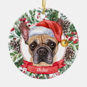Brown Frenchie Custom Dog Santa Kerstkerstversieri Keramisch Ornament (Voorkant)