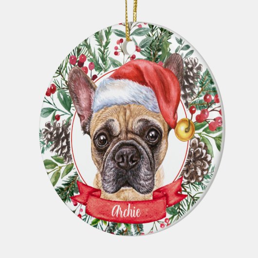 Brown Frenchie Custom Dog Santa Kerstkerstversieri Keramisch Ornament (Links)