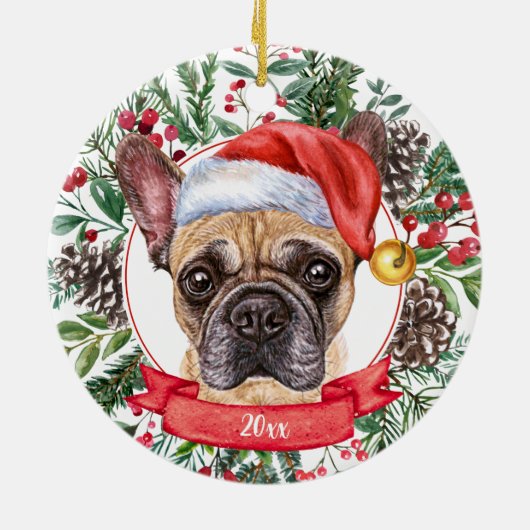 Brown Frenchie Custom Dog Santa Kerstkerstversieri Keramisch Ornament (Achterkant)