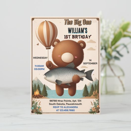 Brown Fun Fish Boy Schattige Baby Beer 1e Verjaard Kaart (Staand voorkant)