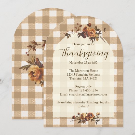 Brown Gingham Autumn Florals Arch Thanksgiving Kaart (Voorkant / Achterkant)