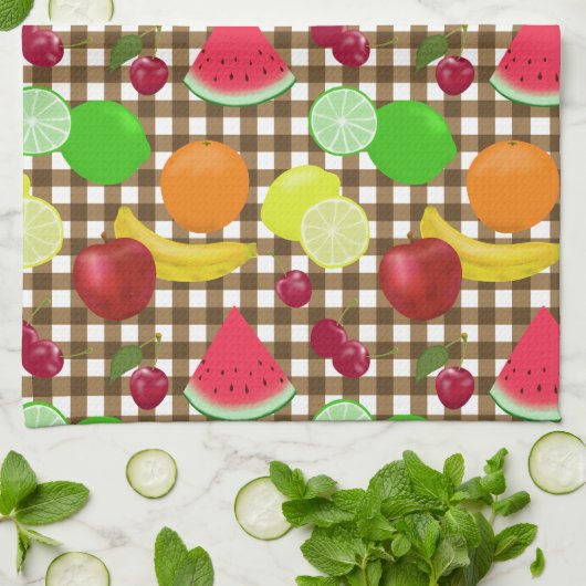 Brown Gingham Check with Fruit Pattern Theedoek (Gevouwen)