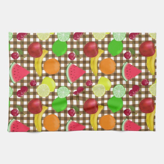 Brown Gingham Check with Fruit Pattern Theedoek (Horizontaal)
