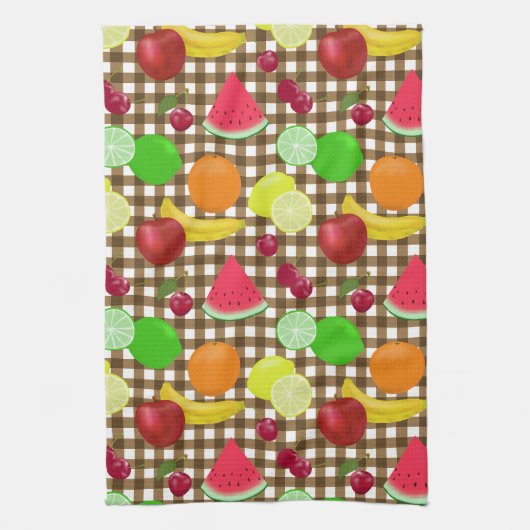 Brown Gingham Check with Fruit Pattern Theedoek (Verticaal)
