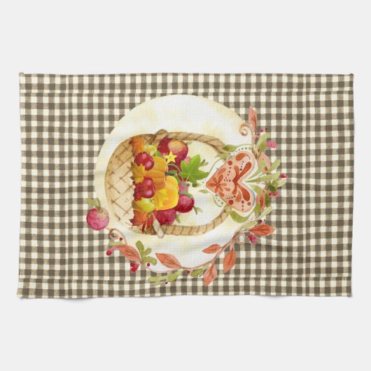 Brown Gingham Herfst Harvest Basket Theedoek (Horizontaal)