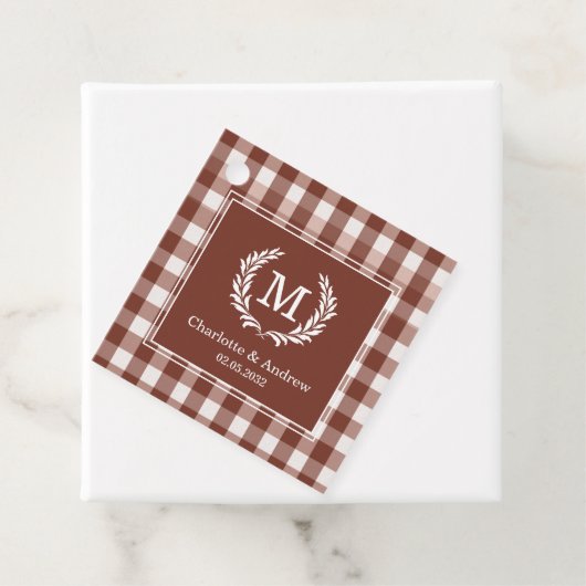 Brown Gingham Monogram Crest Custom Bedankjes Labels (In situ)