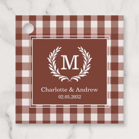 Brown Gingham Monogram Crest Custom Bedankjes Labels (Voorkant)