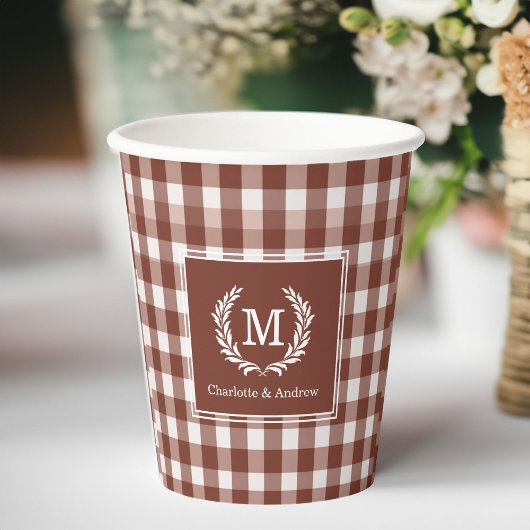 Brown Gingham Monogram Crest Custom Papieren Bekers