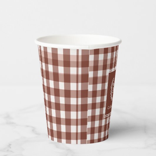 Brown Gingham Monogram Crest Custom Papieren Bekers (Rechts)