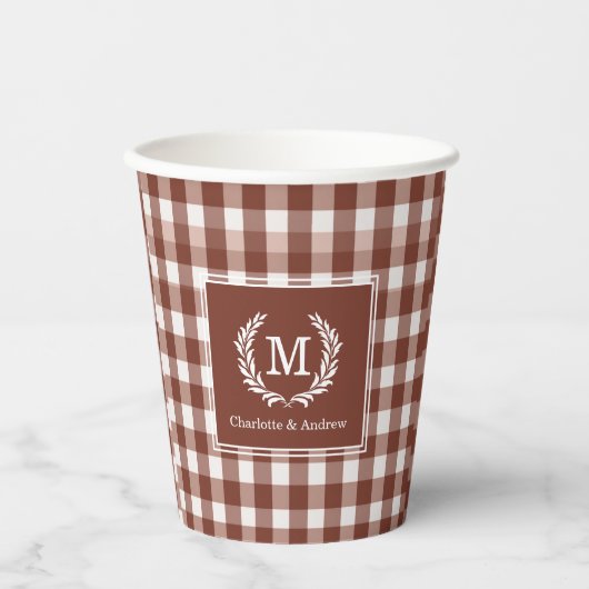 Brown Gingham Monogram Crest Custom Papieren Bekers (Voorkant)