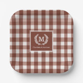 Brown Gingham Monogram Crest Custom Papieren Bordje (Voorkant)