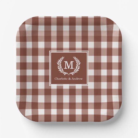 Brown Gingham Monogram Crest Custom Papieren Bordje (Voorkant)