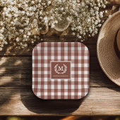 Brown Gingham Monogram Crest Custom Papieren Bordje