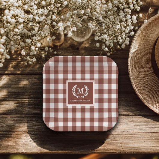 Brown Gingham Monogram Crest Custom Papieren Bordje
